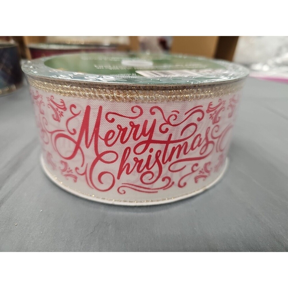 Members Mark Wired Ribbon Merry Christmas White Red 2.5 in X 50 yards Crafts